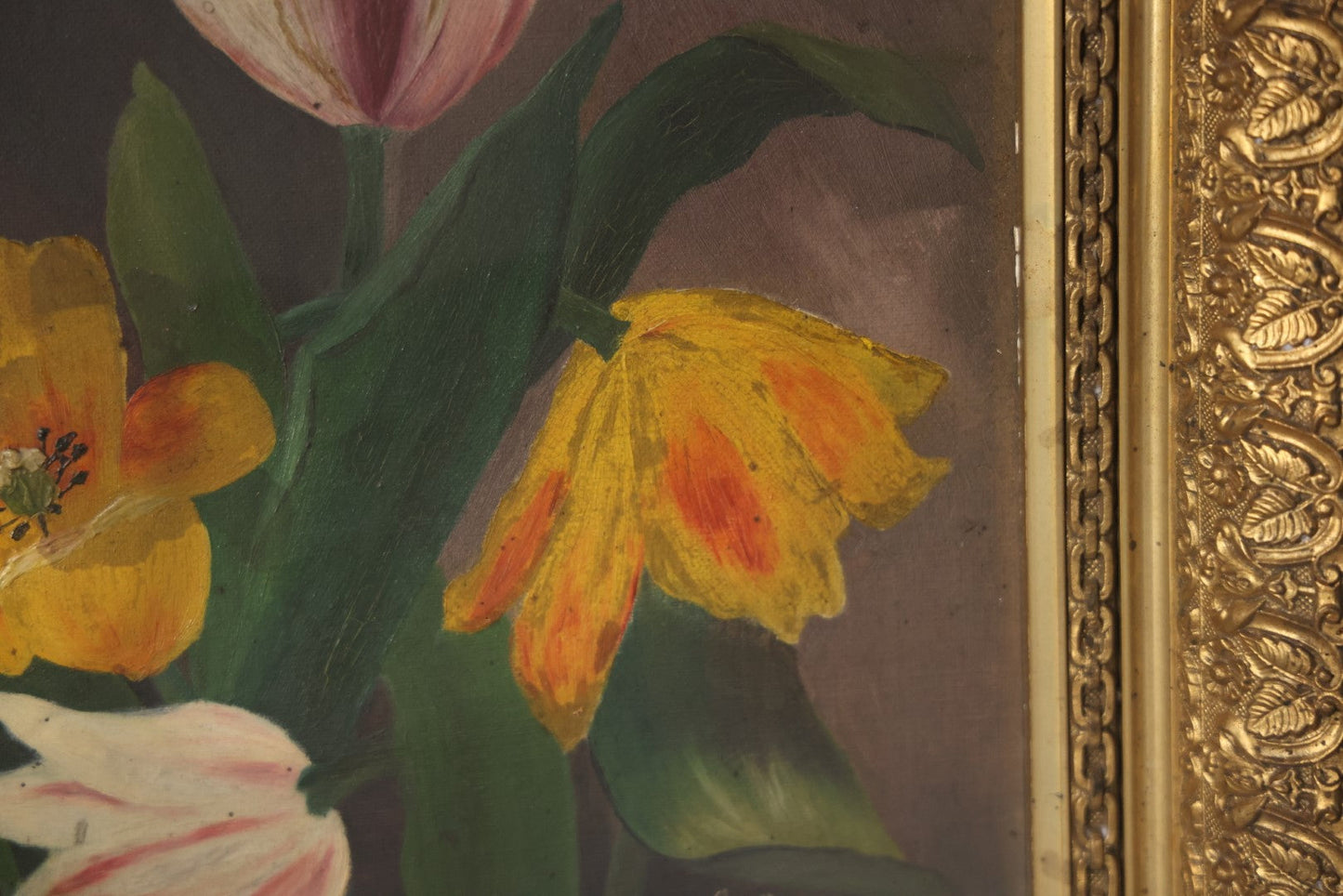 Antique Oil On Canvas Floral Still Life Flowers Painting, Pink, Yellow, Orange Flowers, Artist Signed L. Conners, In Ornate Gilt Frame