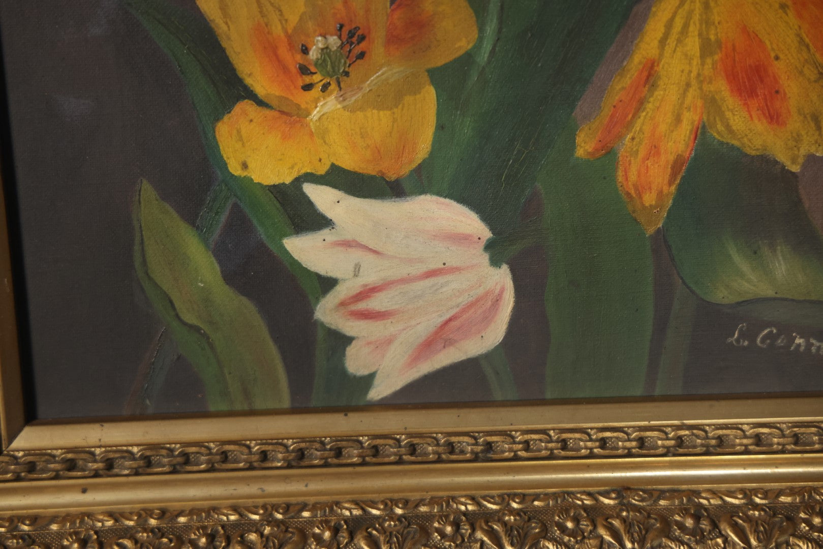 Antique Oil On Canvas Floral Still Life Flowers Painting, Pink, Yellow, Orange Flowers, Artist Signed L. Conners, In Ornate Gilt Frame