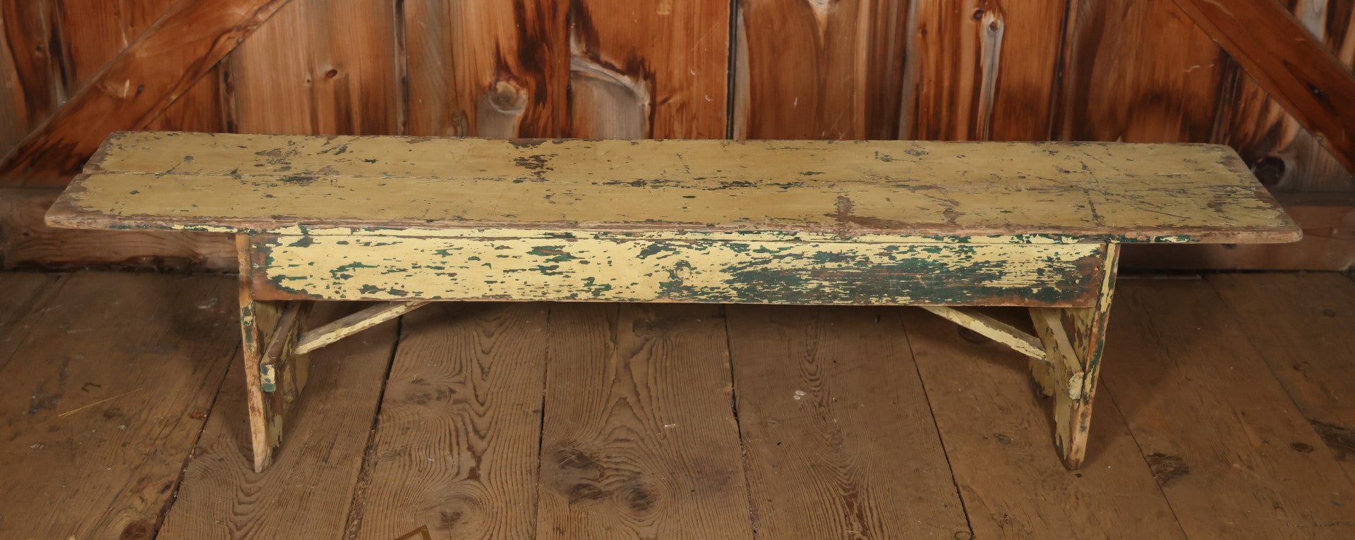 Antique Old Paint Wood Country Primitive Bench, Yellow Paint Over Green, Chippy Shabby Chic Paint