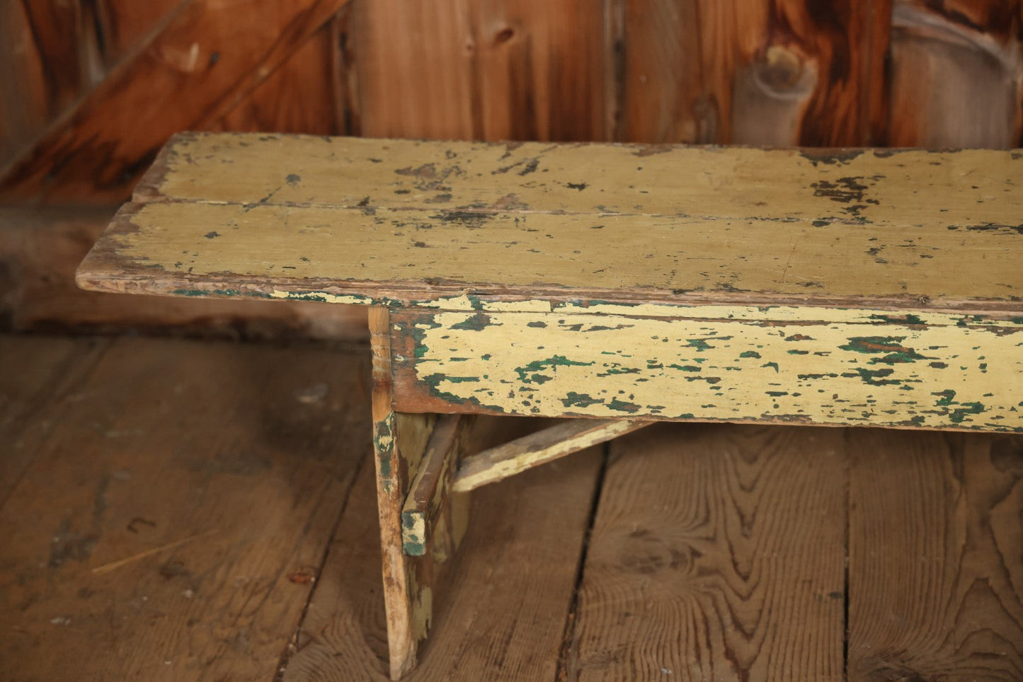 Antique Old Paint Wood Country Primitive Bench, Yellow Paint Over Green, Chippy Shabby Chic Paint