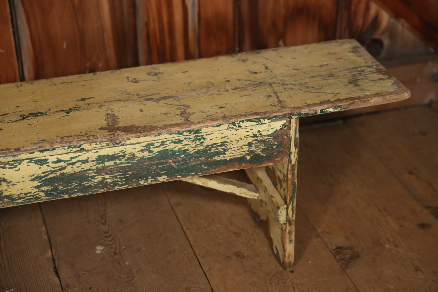 Antique Old Paint Wood Country Primitive Bench, Yellow Paint Over Green, Chippy Shabby Chic Paint