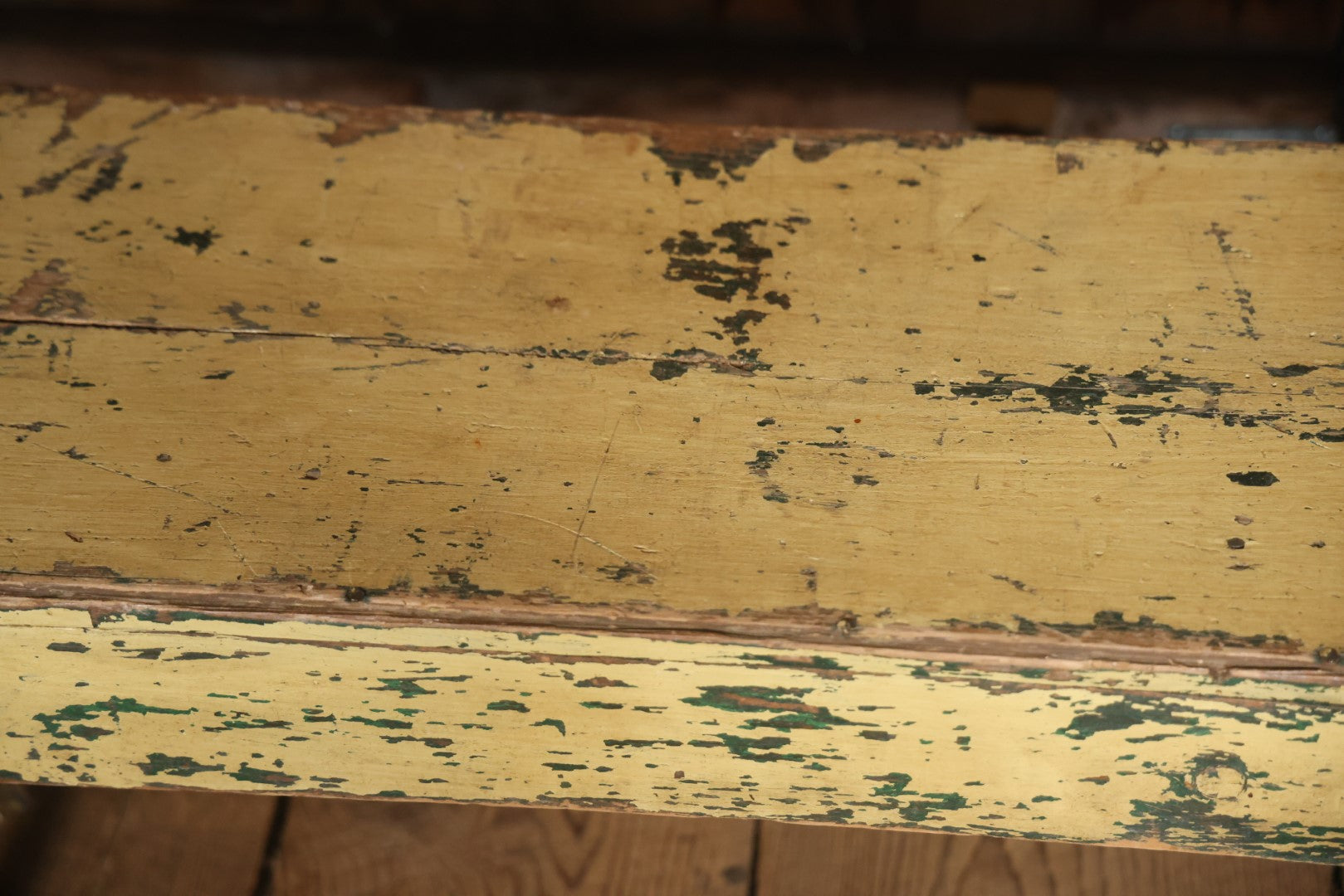 Antique Old Paint Wood Country Primitive Bench, Yellow Paint Over Green, Chippy Shabby Chic Paint