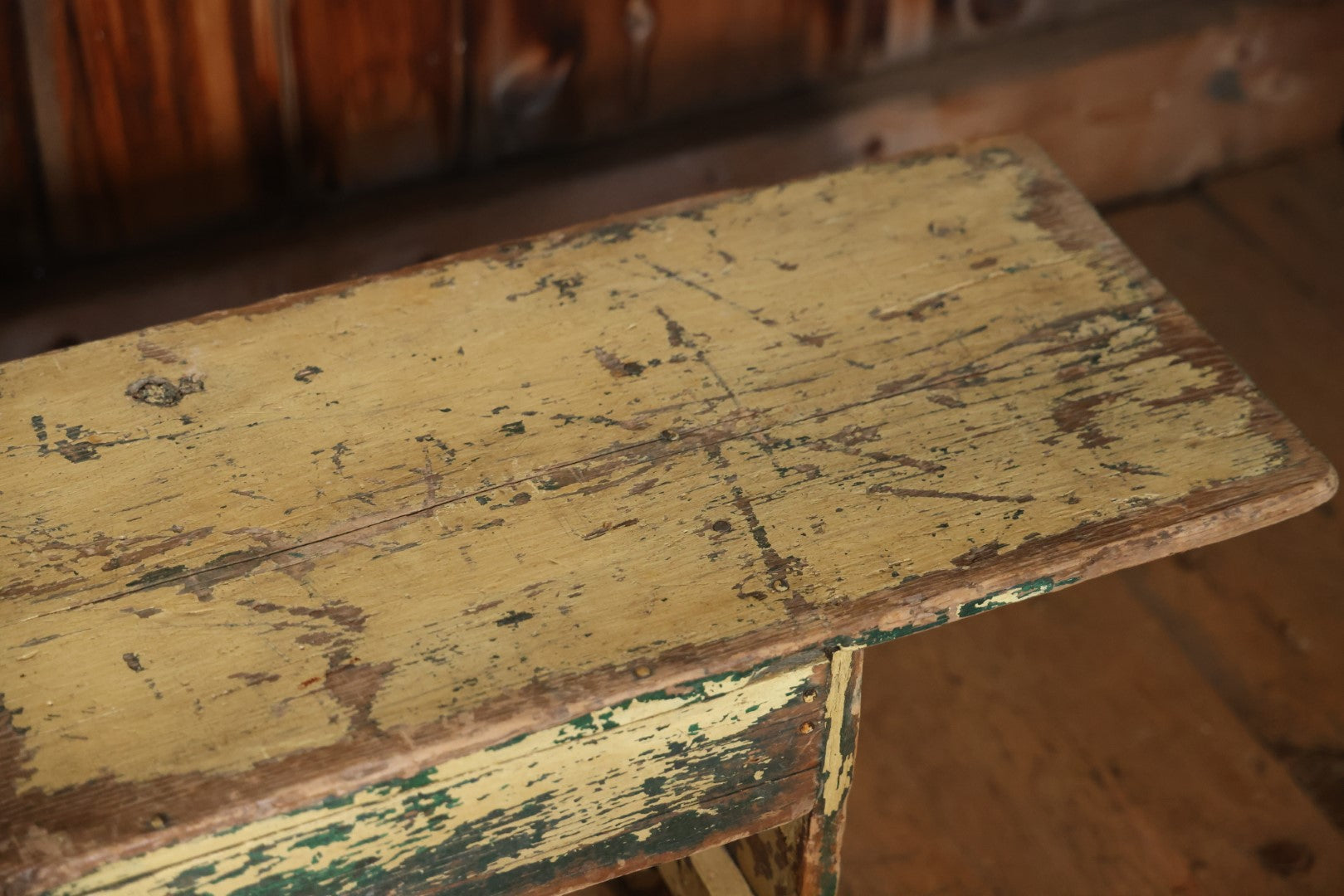 Antique Old Paint Wood Country Primitive Bench, Yellow Paint Over Green, Chippy Shabby Chic Paint