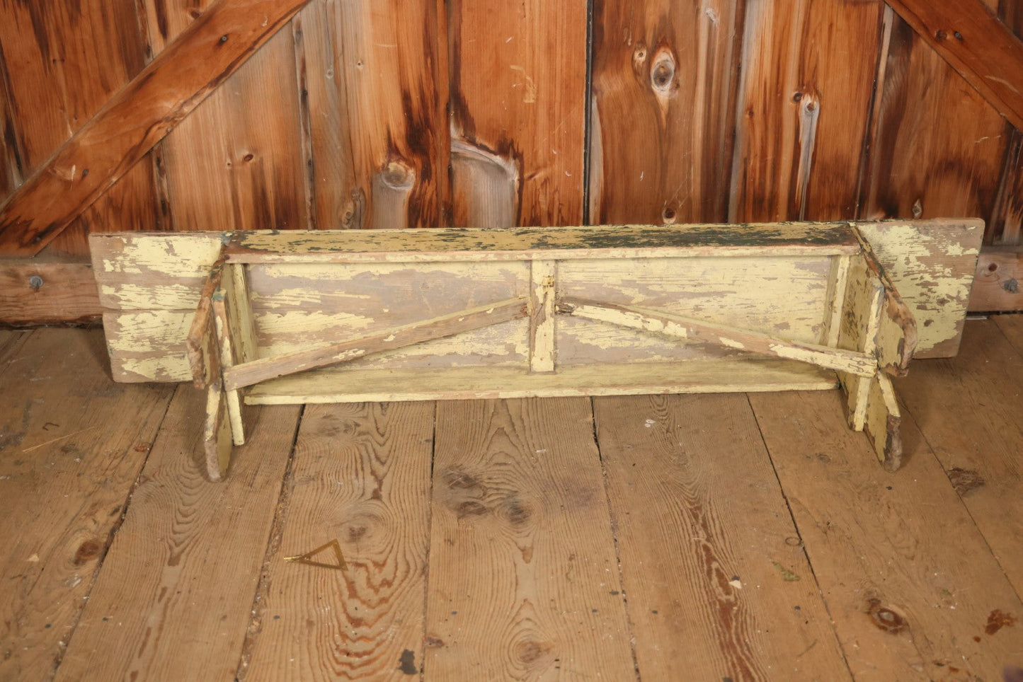 Antique Old Paint Wood Country Primitive Bench, Yellow Paint Over Green, Chippy Shabby Chic Paint