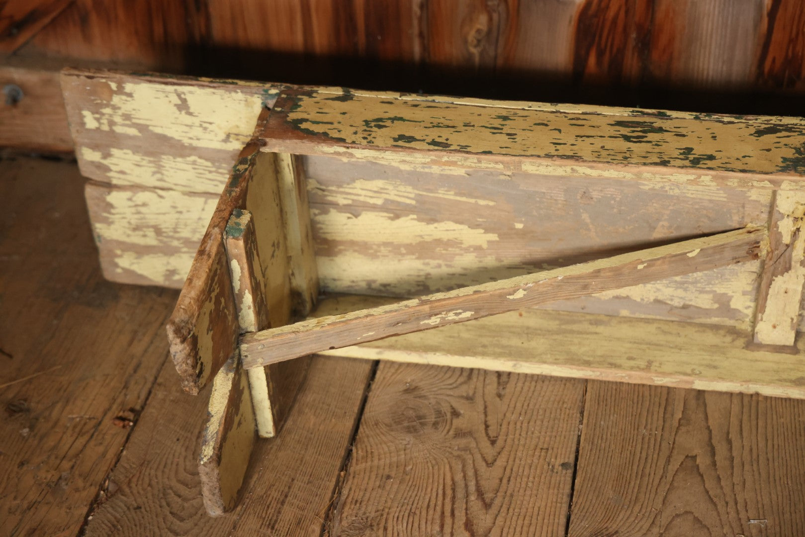 Antique Old Paint Wood Country Primitive Bench, Yellow Paint Over Green, Chippy Shabby Chic Paint