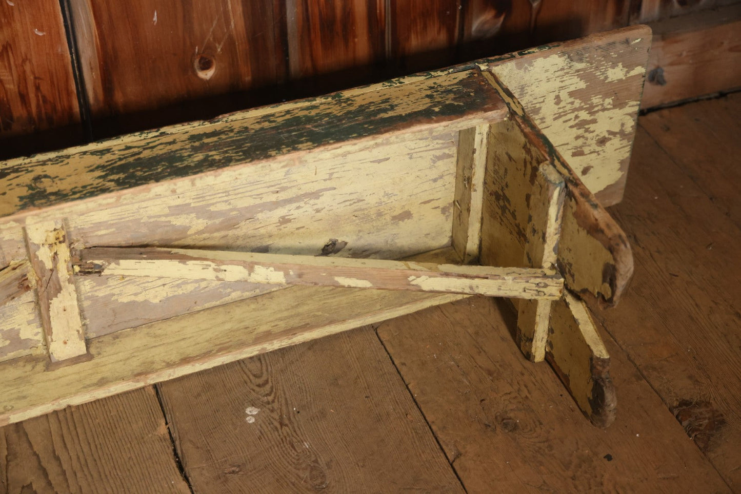 Antique Old Paint Wood Country Primitive Bench, Yellow Paint Over Green, Chippy Shabby Chic Paint