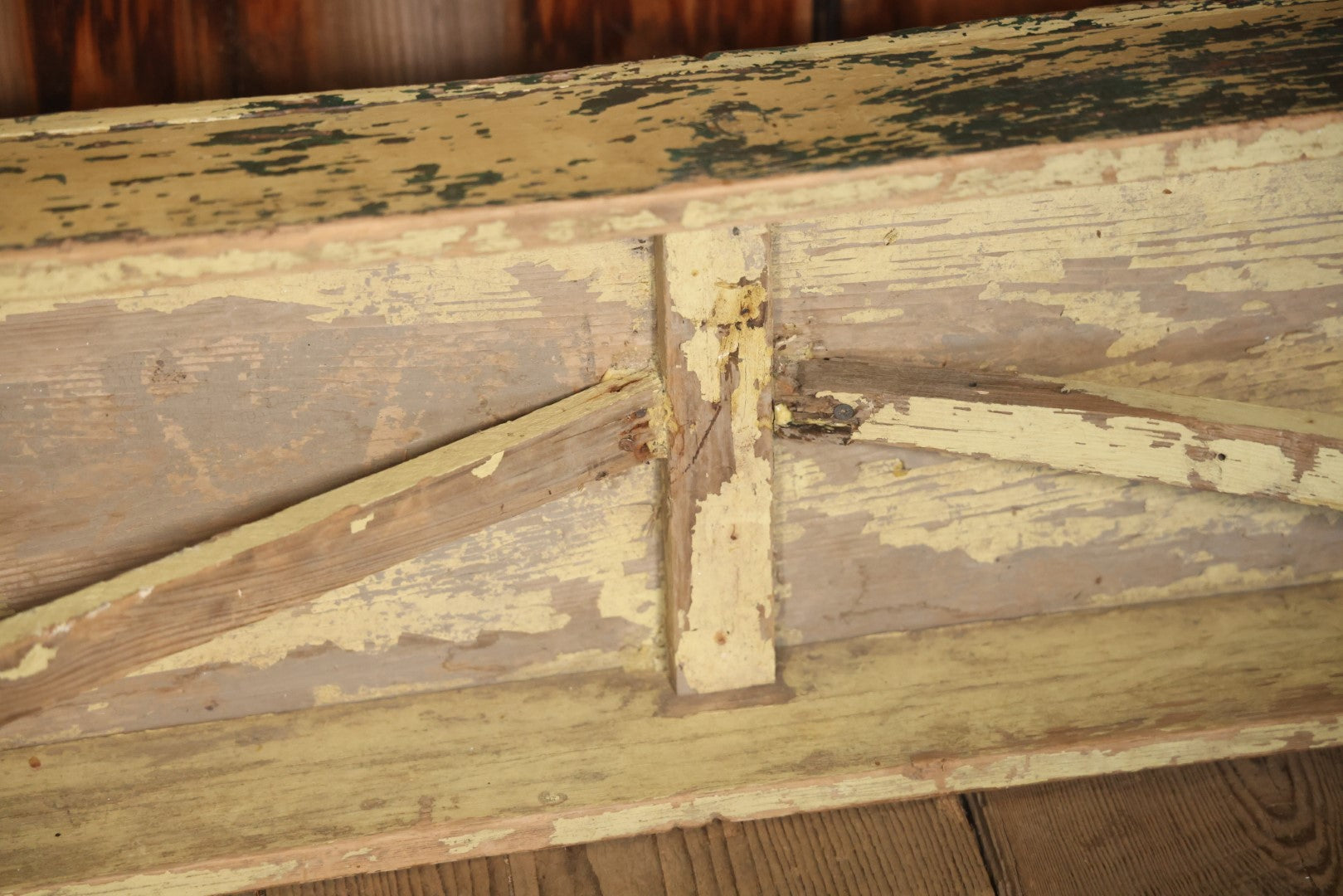 Antique Old Paint Wood Country Primitive Bench, Yellow Paint Over Green, Chippy Shabby Chic Paint