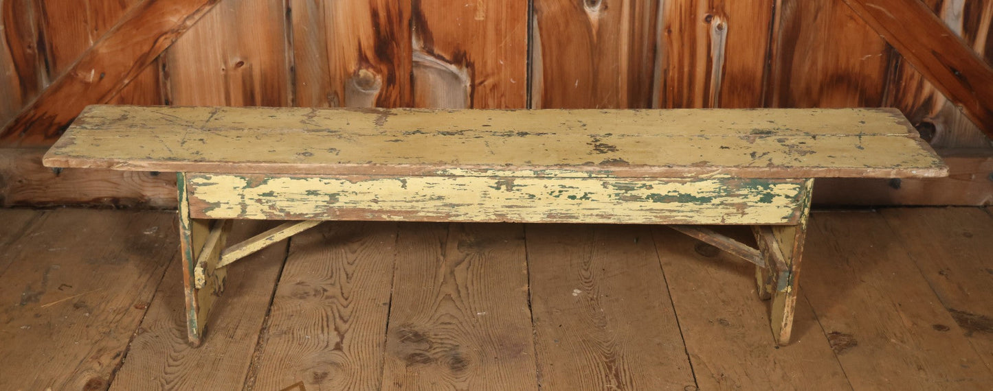 Antique Old Paint Wood Country Primitive Bench, Yellow Paint Over Green, Chippy Shabby Chic Paint