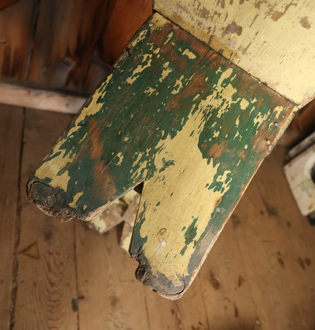 Antique Old Paint Wood Country Primitive Bench, Yellow Paint Over Green, Chippy Shabby Chic Paint