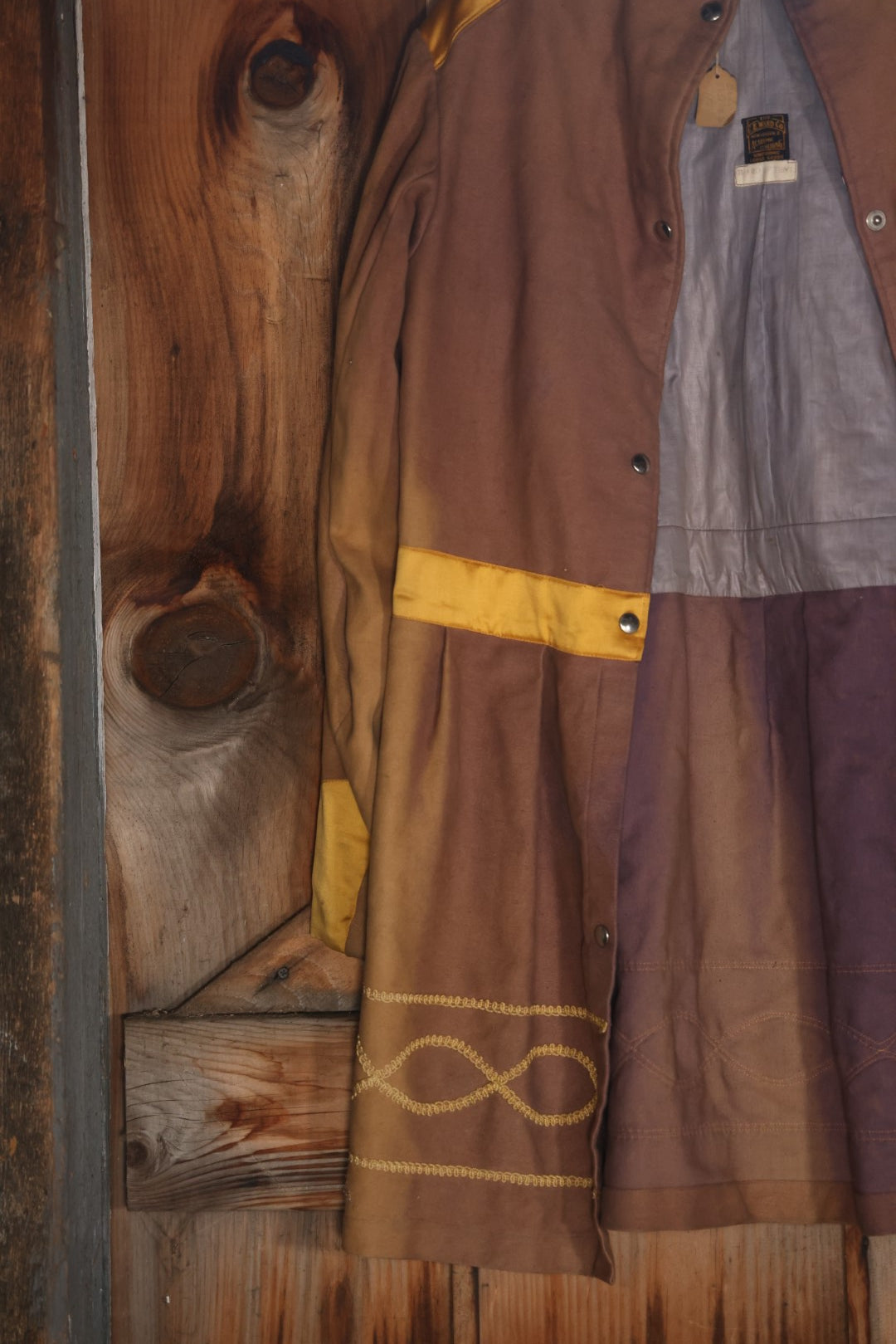 Antique Fraternal Theatrical "Guard Of Tent" Costume, Medieval Knight, Brown With Yellow Stitching, By The C.E. Ward Company, New London, Ohio, Uniform And Lodge Goods, Button Enclosure On Back