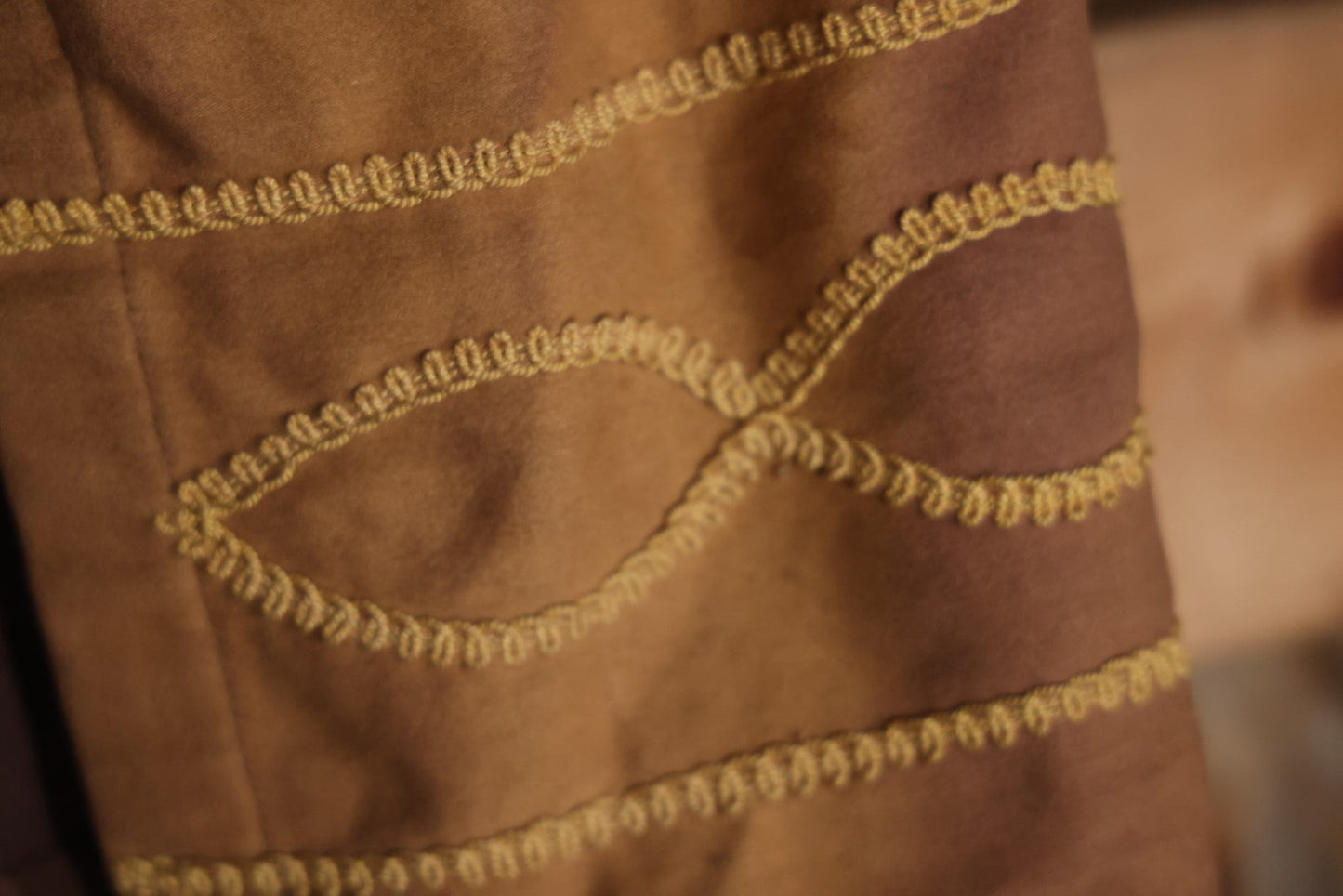 Antique Fraternal Theatrical "Guard Of Tent" Costume, Medieval Knight, Brown With Yellow Stitching, By The C.E. Ward Company, New London, Ohio, Uniform And Lodge Goods, Button Enclosure On Back