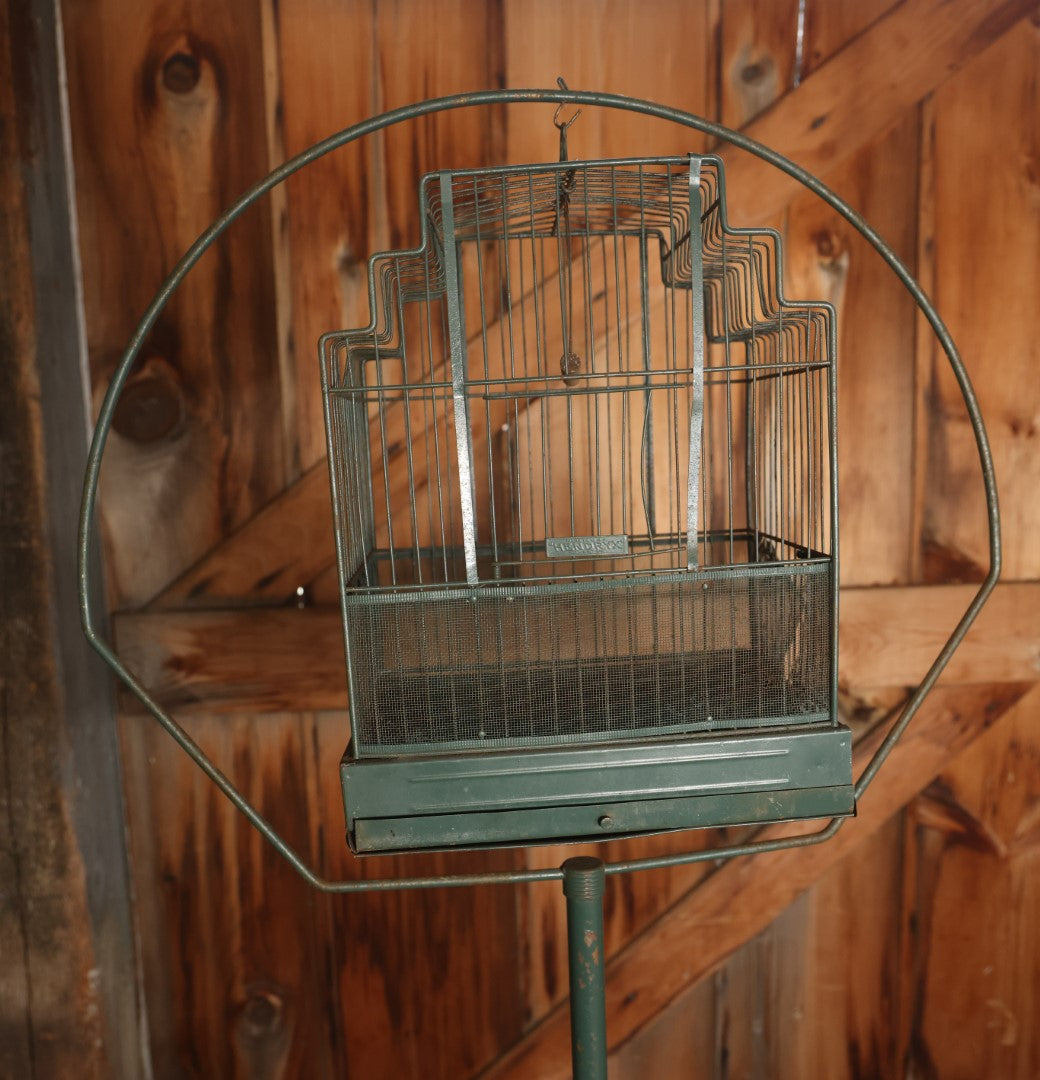 Antique Hendrix Metal Birdcage With Stand In Green Paint