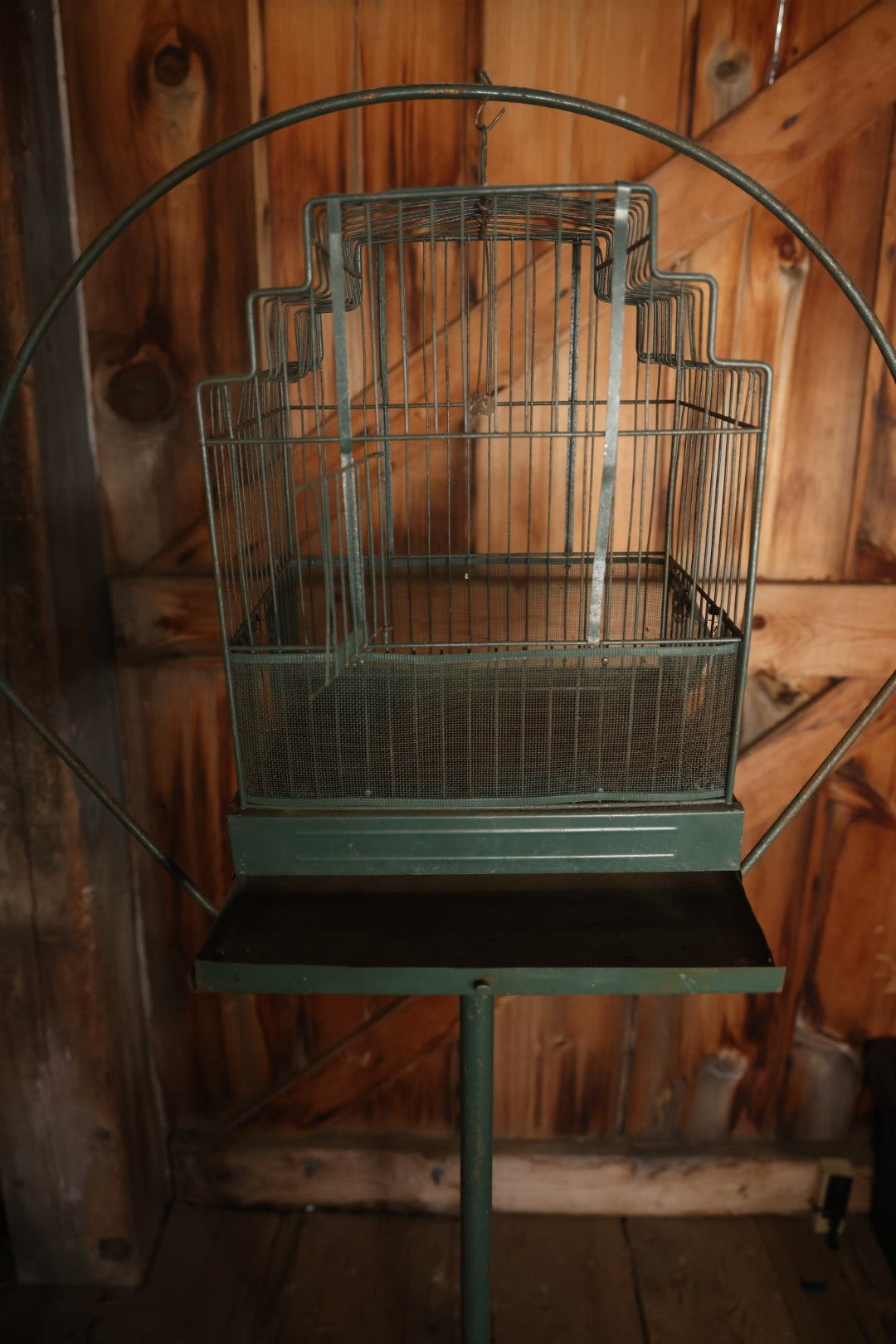 Antique Hendrix Metal Birdcage With Stand In Green Paint