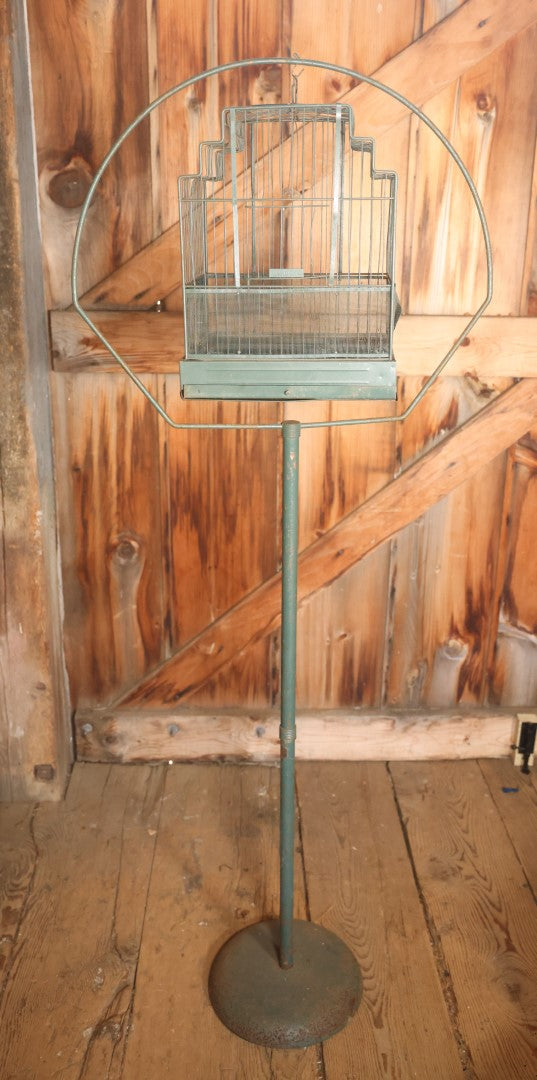 Antique Hendrix Metal Birdcage With Stand In Green Paint