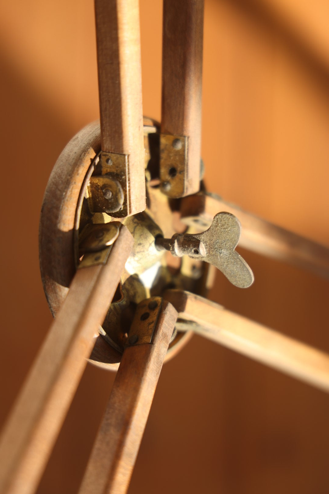 Antique Wooden Tripod With Brass Hardware, 1/4"-20 Mounting Bolt, Extending Legs