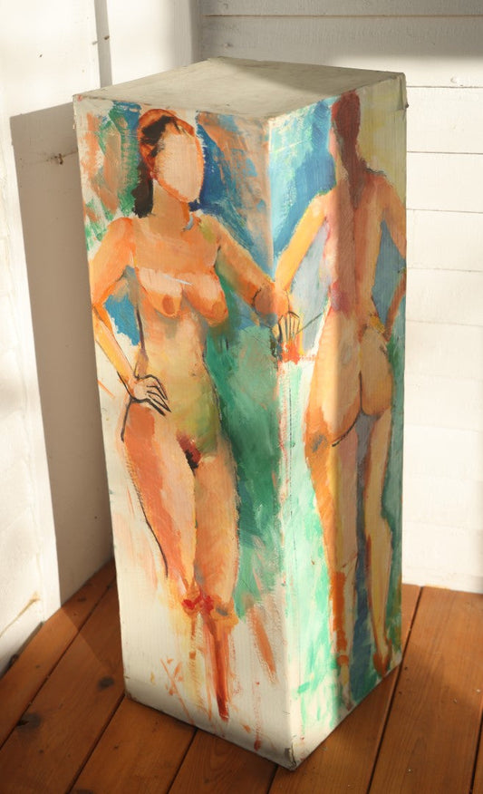 Vintage Three Dimensional Nude Painting, Nude Woman Shown From All Four Sides, Paint On Cardboard Rectangular Prism 