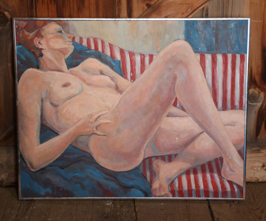 Vintage Modern Nude Woman Painting With Red, White, And Blue Background Pattern, In Chrome Frame