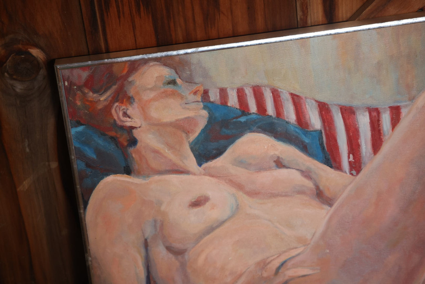 Vintage Modern Nude Woman Painting With Red, White, And Blue Background Pattern, In Chrome Frame