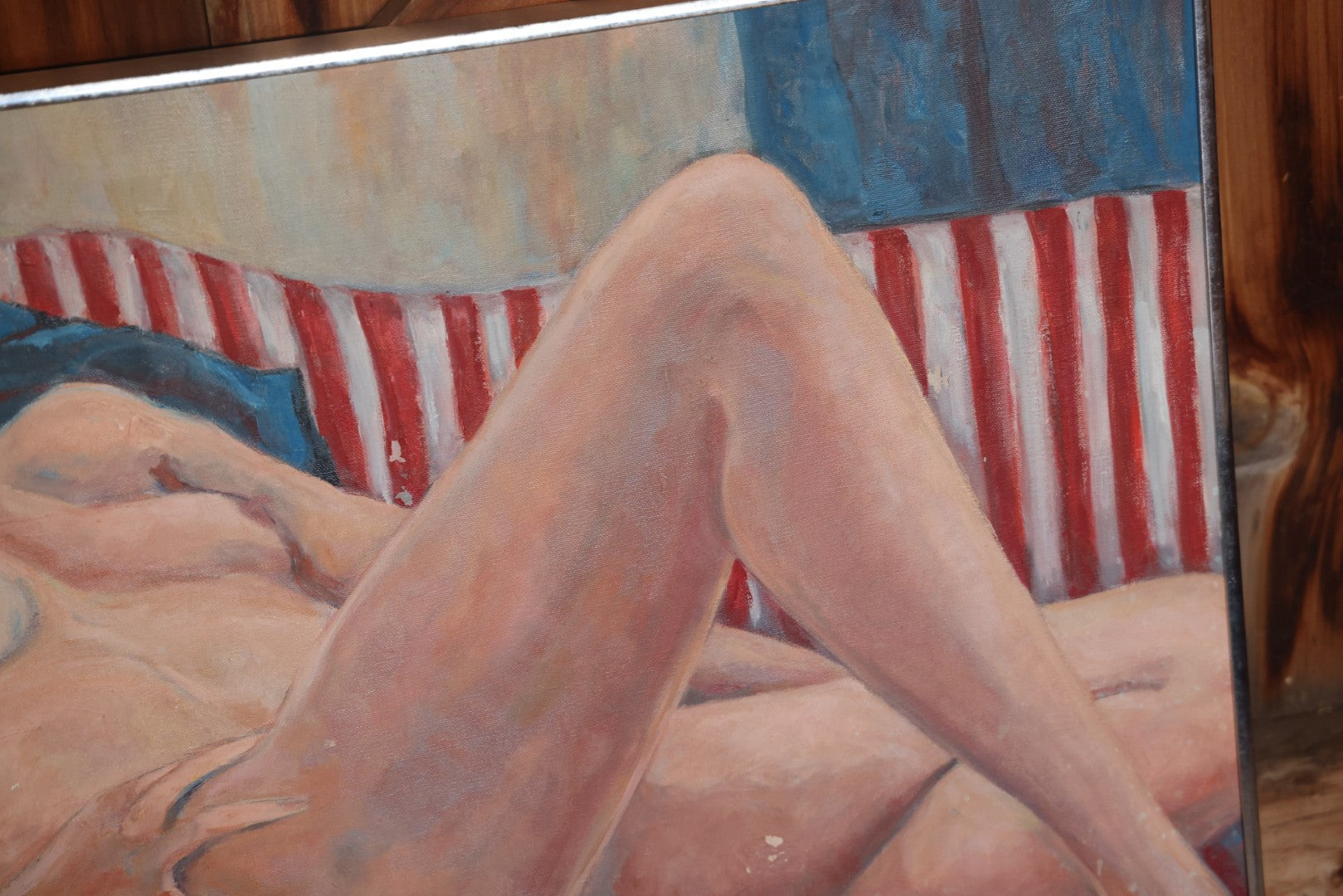 Vintage Modern Nude Woman Painting With Red, White, And Blue Background Pattern, In Chrome Frame