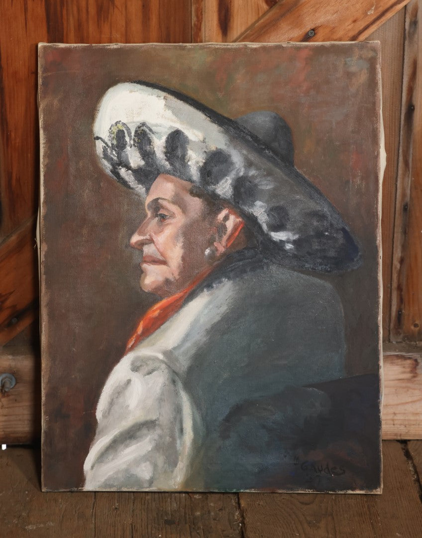 Vintage Modern Painting Of Man Or Woman In Sombrero, Mexican Southwest Subject, Artist Signed M. Gaudes, 1957