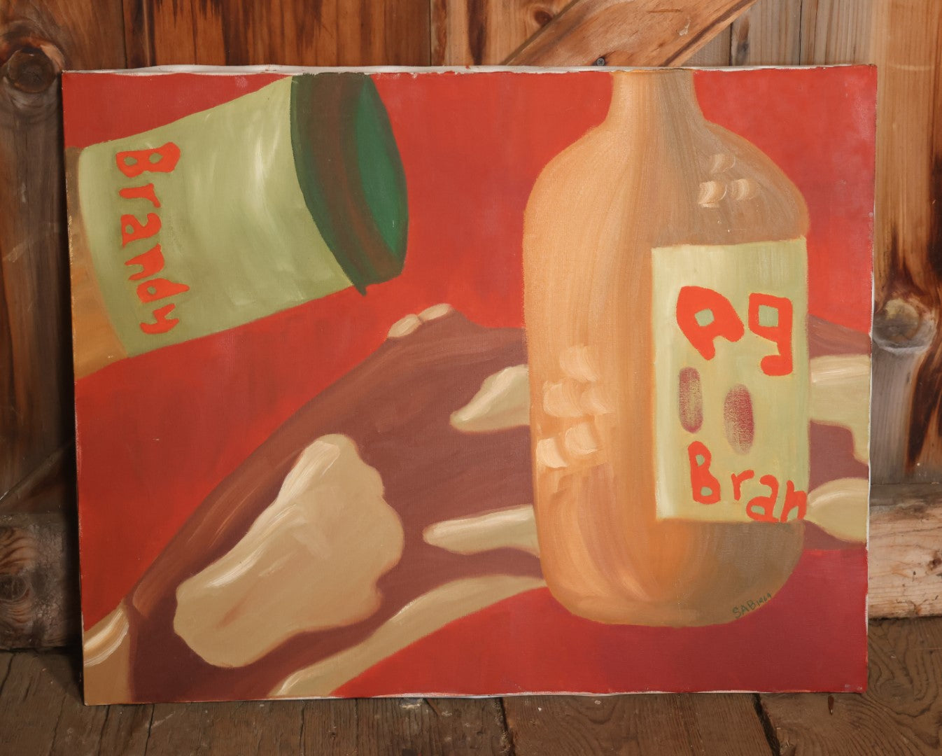 Vintage Modern Pop Art Brandy Painting, Brandy Bottles With Red And Abstract Background, Signed S.A.B., 1969