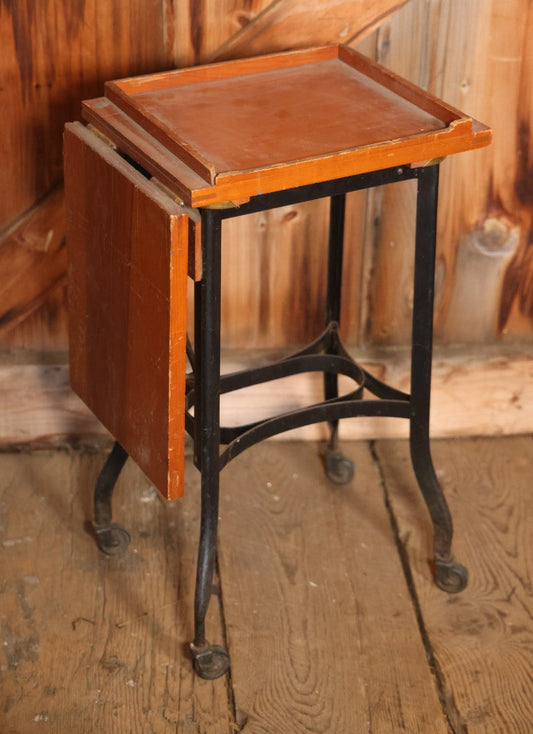 Vintage Wood Top Typewriter Table With Fold Down Tablet, Metal Base, On Wheels