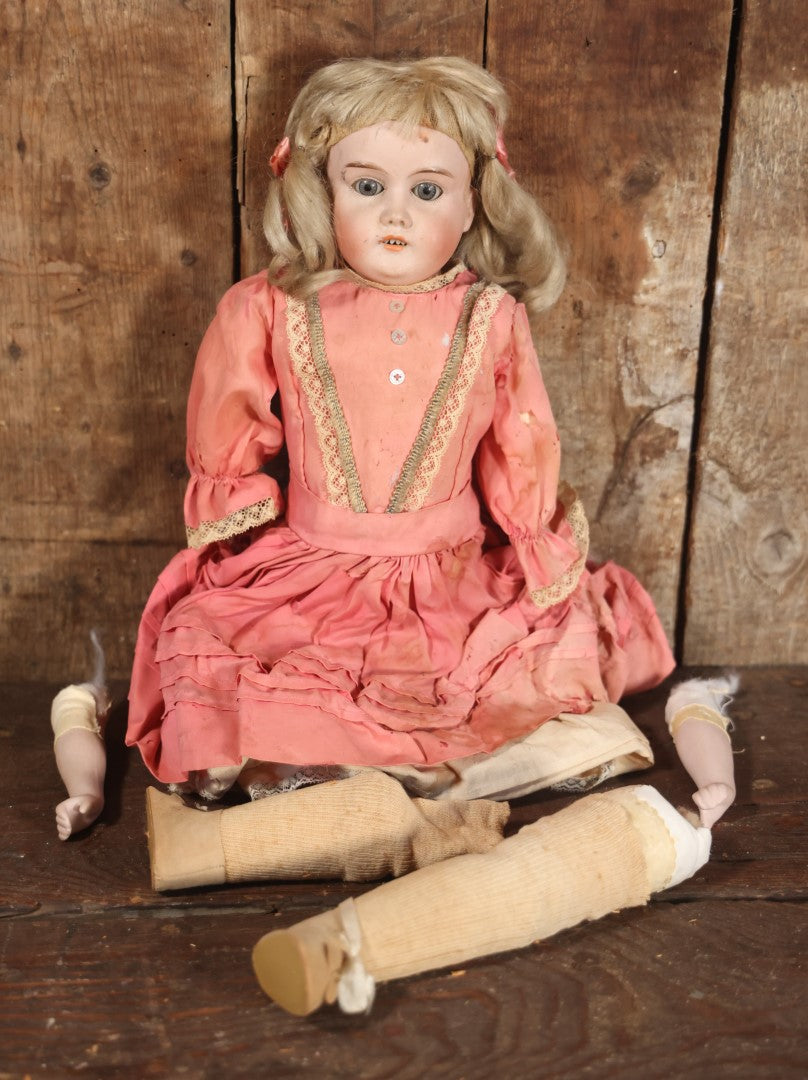 Antique Bisque Head Doll With Pink Dress, Blonde Hair, Note Heavy Wear, Loose Limbs, Needs Restoration, Likely German, Marked "Majestic"