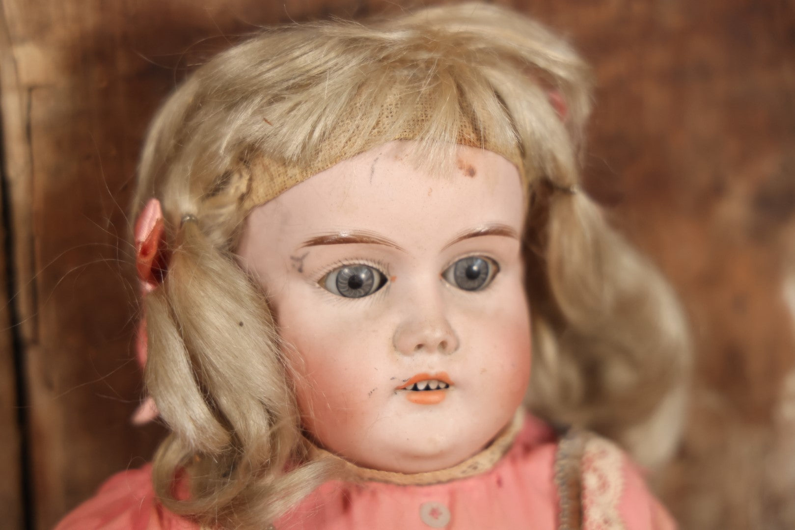 Antique Bisque Head Doll With Pink Dress, Blonde Hair, Note Heavy Wear, Loose Limbs, Needs Restoration, Likely German, Marked "Majestic"