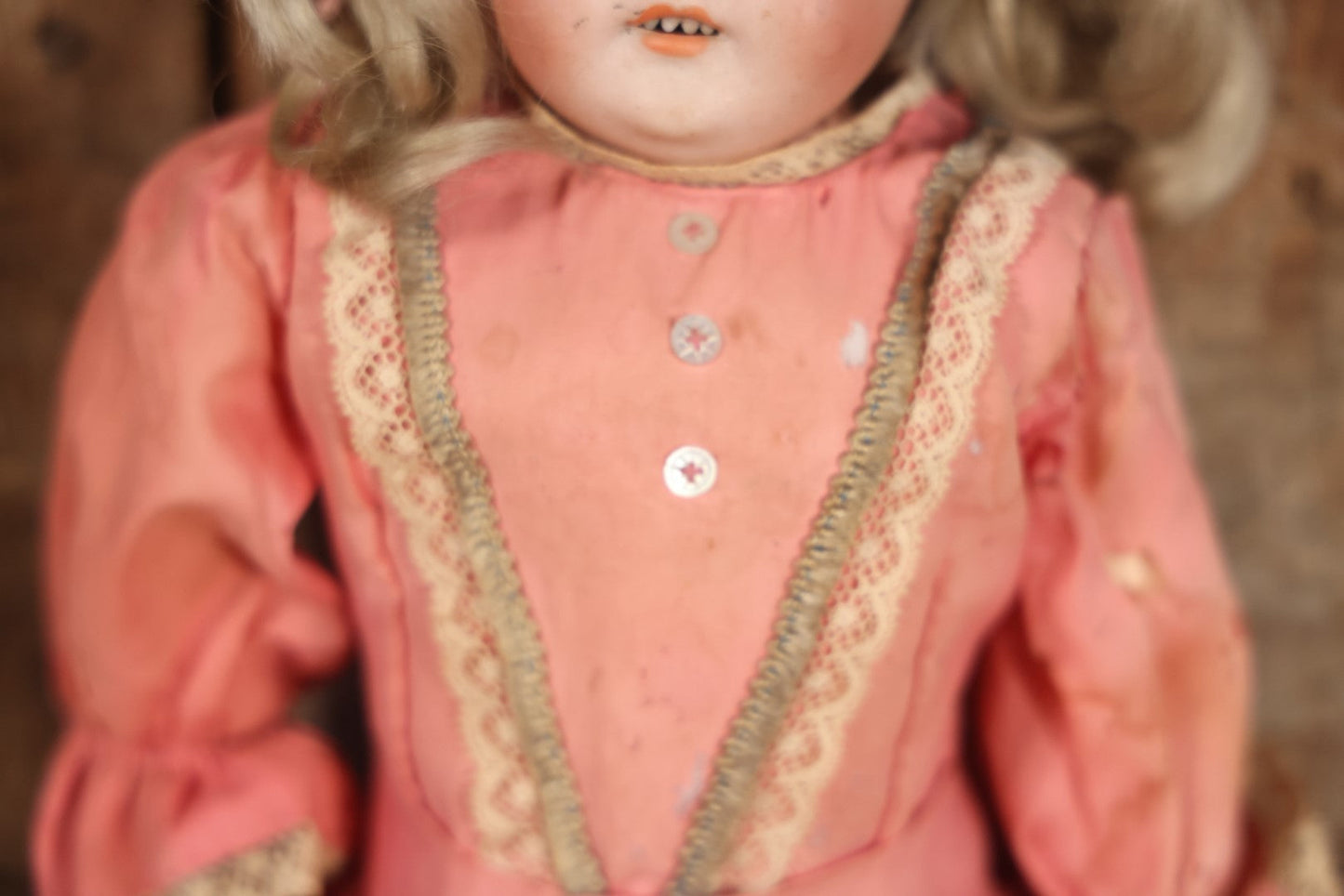 Antique Bisque Head Doll With Pink Dress, Blonde Hair, Note Heavy Wear, Loose Limbs, Needs Restoration, Likely German, Marked "Majestic"