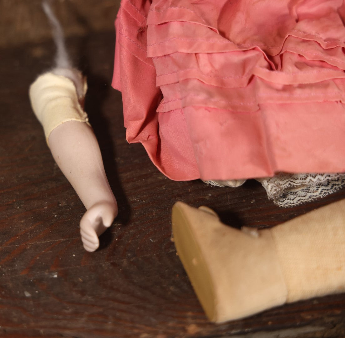 Antique Bisque Head Doll With Pink Dress, Blonde Hair, Note Heavy Wear, Loose Limbs, Needs Restoration, Likely German, Marked "Majestic"