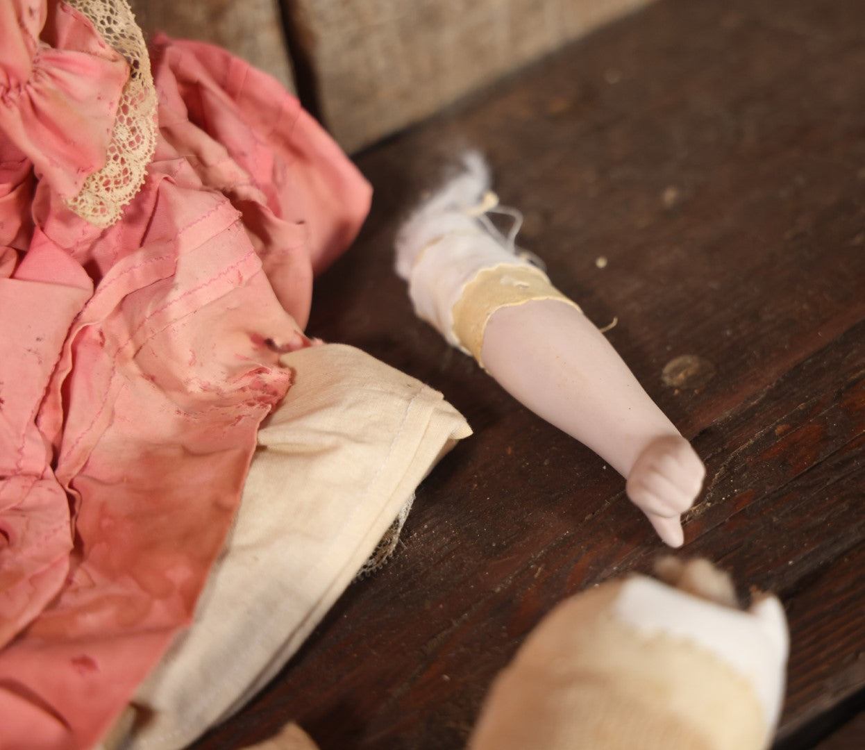 Antique Bisque Head Doll With Pink Dress, Blonde Hair, Note Heavy Wear, Loose Limbs, Needs Restoration, Likely German, Marked "Majestic"