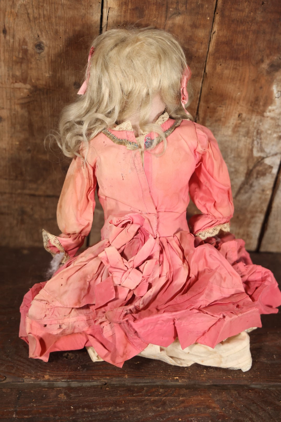 Antique Bisque Head Doll With Pink Dress, Blonde Hair, Note Heavy Wear, Loose Limbs, Needs Restoration, Likely German, Marked "Majestic"