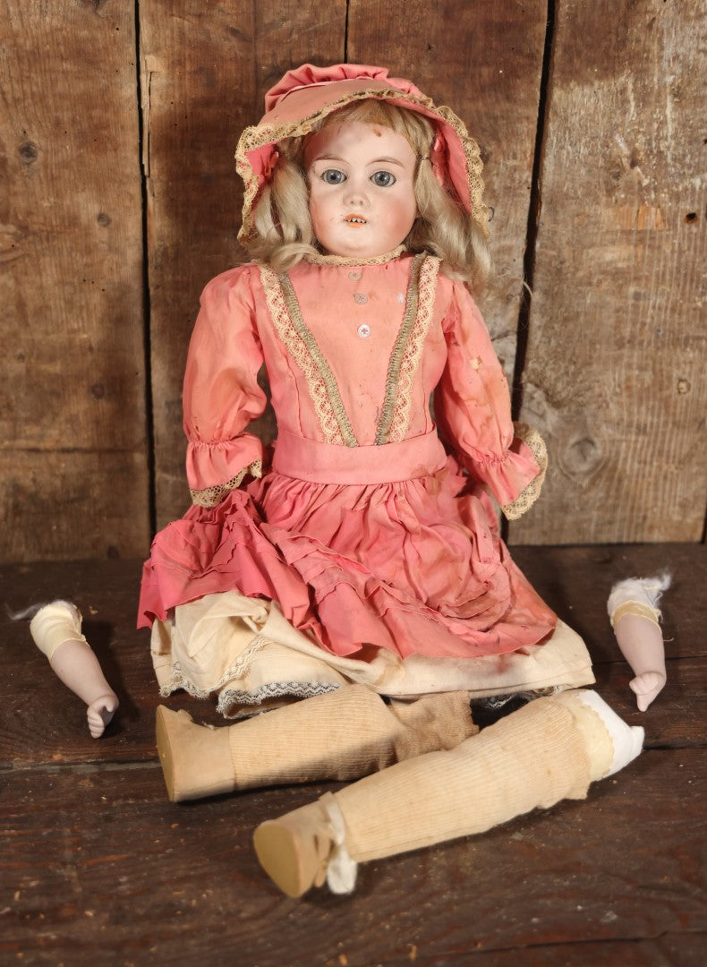 Antique Bisque Head Doll With Pink Dress, Blonde Hair, Note Heavy Wear, Loose Limbs, Needs Restoration, Likely German, Marked "Majestic"