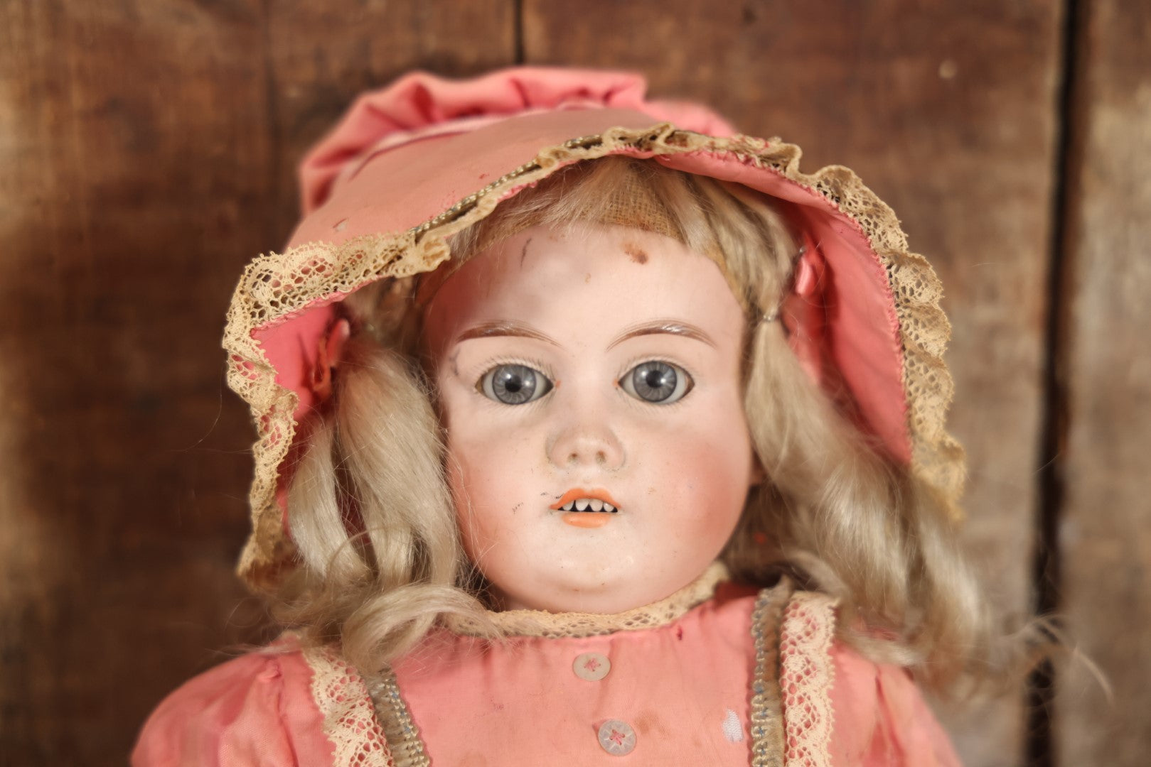 Antique Bisque Head Doll With Pink Dress, Blonde Hair, Note Heavy Wear, Loose Limbs, Needs Restoration, Likely German, Marked "Majestic"