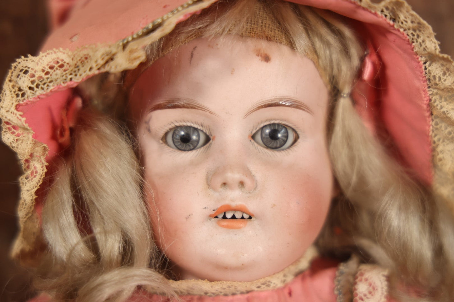 Antique Bisque Head Doll With Pink Dress, Blonde Hair, Note Heavy Wear, Loose Limbs, Needs Restoration, Likely German, Marked "Majestic"