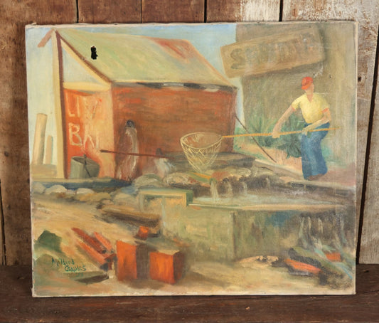 Vintage Modern Oil On Canvas Occupational Painting Of  Shrimp Fisherman, Live Bait, Working Docks, Note Significant Hole And Loss