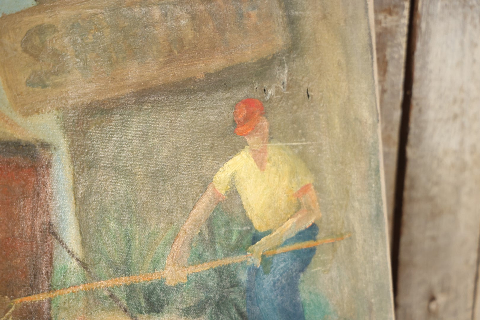 Vintage Modern Oil On Canvas Occupational Painting Of  Shrimp Fisherman, Live Bait, Working Docks, Note Significant Hole And Loss