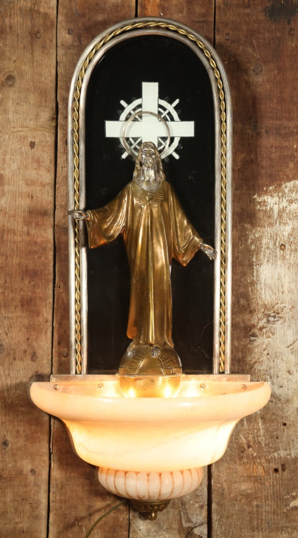 Vintage Lighted Jesus Church Wall Hanging Fixture With Alabaster Font