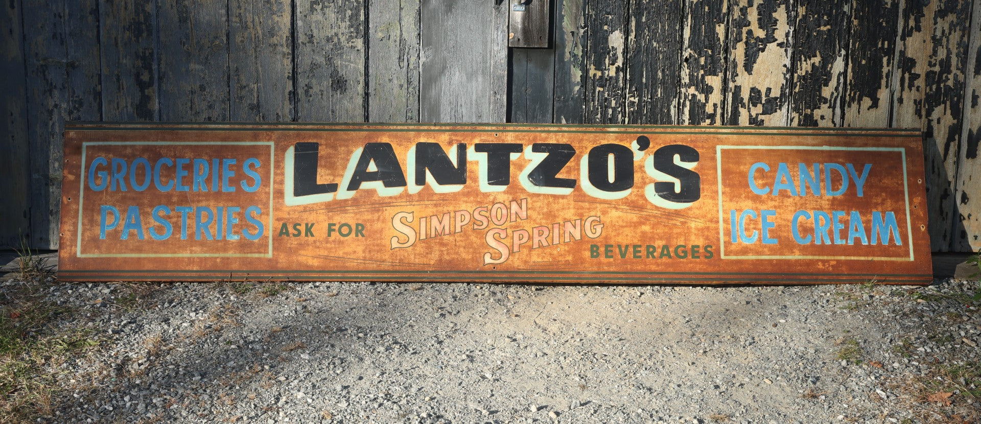 Antique Hand Painted Tin Metal Grocery Store Sign, Lantzo's, Groceries, Pastries, Candy, Ice Cream, Sponsored By Simpson Spring Beverages, Out Of New England, Just Under 10 Feet