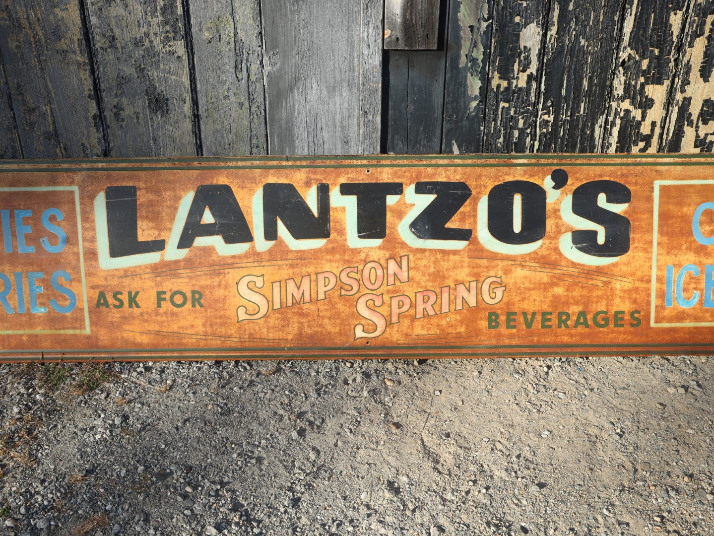 Antique Hand Painted Tin Metal Grocery Store Sign, Lantzo's, Groceries, Pastries, Candy, Ice Cream, Sponsored By Simpson Spring Beverages, Out Of New England, Just Under 10 Feet