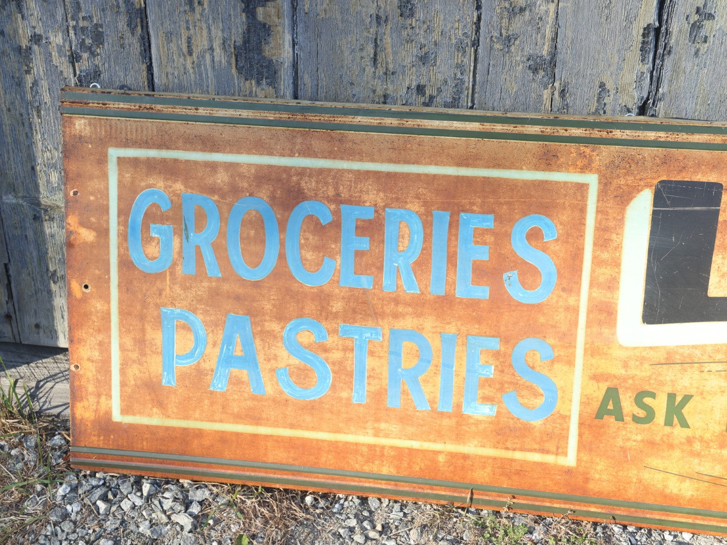 Antique Hand Painted Tin Metal Grocery Store Sign, Lantzo's, Groceries, Pastries, Candy, Ice Cream, Sponsored By Simpson Spring Beverages, Out Of New England, Just Under 10 Feet