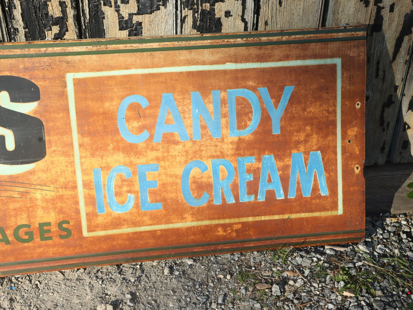 Antique Hand Painted Tin Metal Grocery Store Sign, Lantzo's, Groceries, Pastries, Candy, Ice Cream, Sponsored By Simpson Spring Beverages, Out Of New England, Just Under 10 Feet