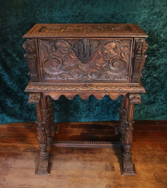 Late 19th / Early 20th Century Spanish Renaissance Revival Carved Walnut Vargueno Desk & Cabinet