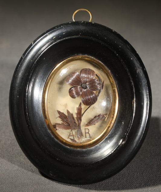 Antique French Hair Work Keepsake Palette Under Convex Glass, Floral Motif with Initials "A R," Inscribed "Annee 1885" ("Year 1885") on Reverse