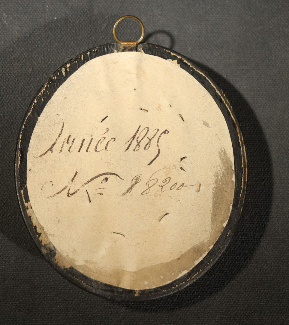 Antique French Hair Work Keepsake Palette Under Convex Glass, Floral Motif with Initials "A R," Inscribed "Annee 1885" ("Year 1885") on Reverse