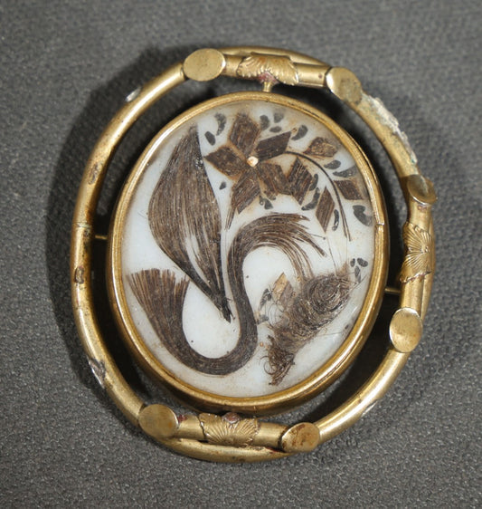 Antique Victorian Prince of Wales Style Spinner Brooch with Hair Work Floral Palette and Tintype Photograph Portrait of a Man