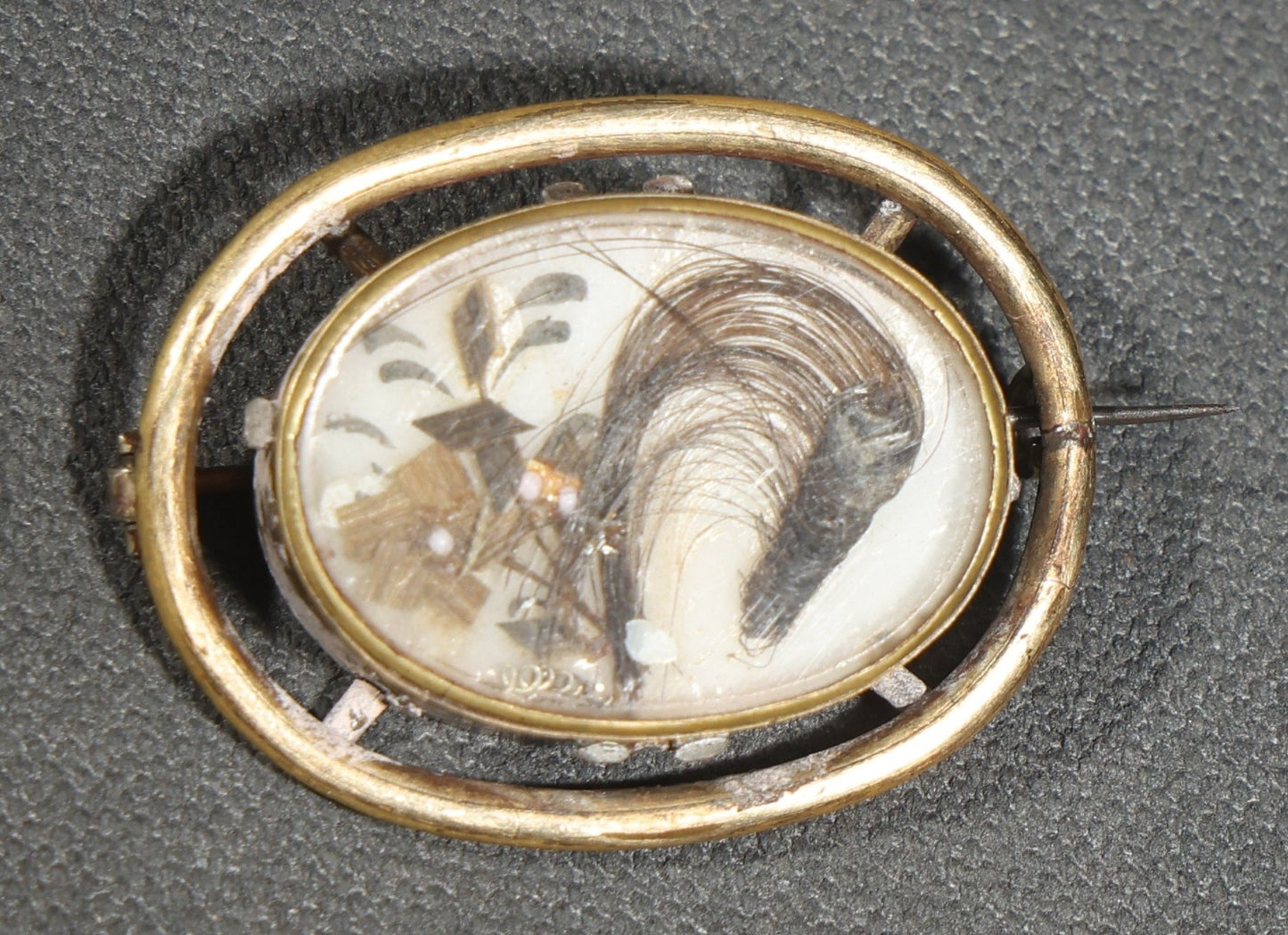 Antique Victorian Hair Work Keepsake Brooch with Floral Palette Under Convex Glass in Gold-Tone Oval Setting