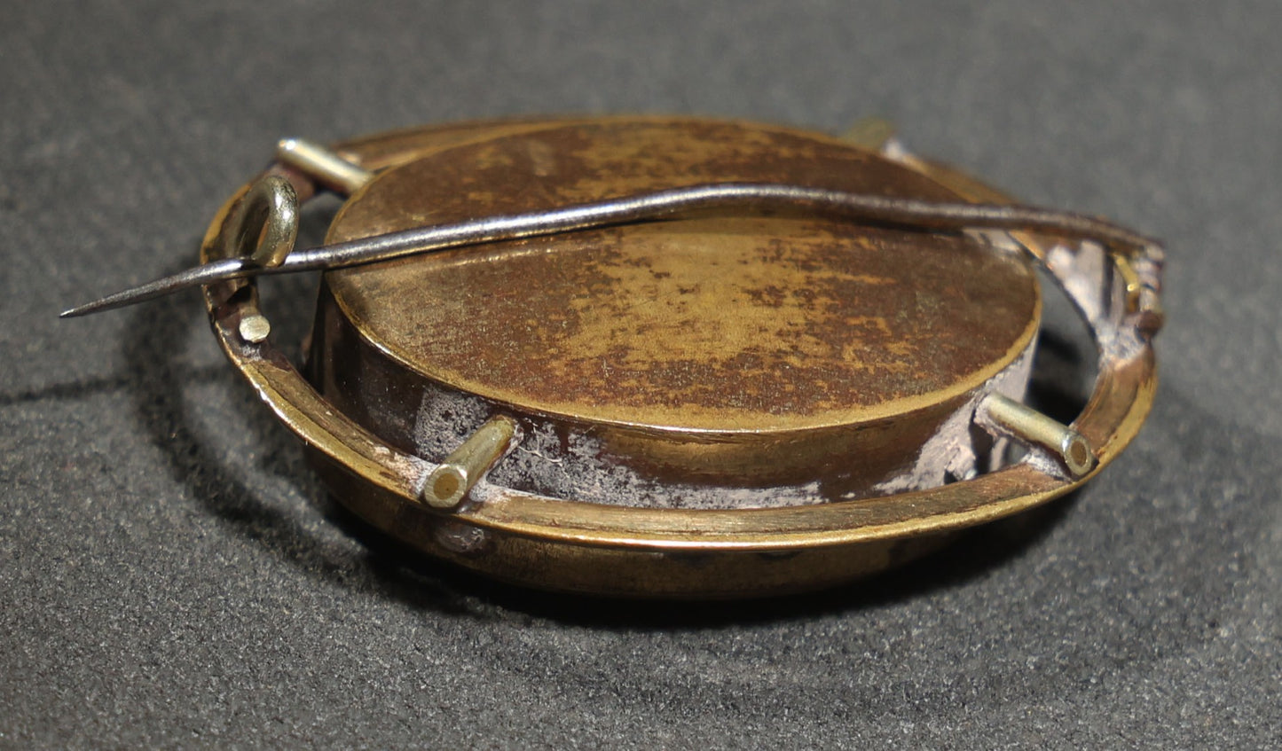 Antique Victorian Hair Work Keepsake Brooch with Floral Palette Under Convex Glass in Gold-Tone Oval Setting