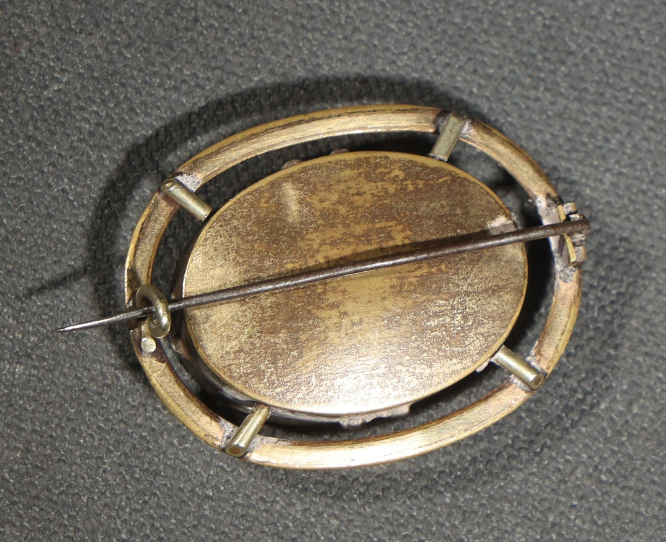 Antique Victorian Hair Work Keepsake Brooch with Floral Palette Under Convex Glass in Gold-Tone Oval Setting