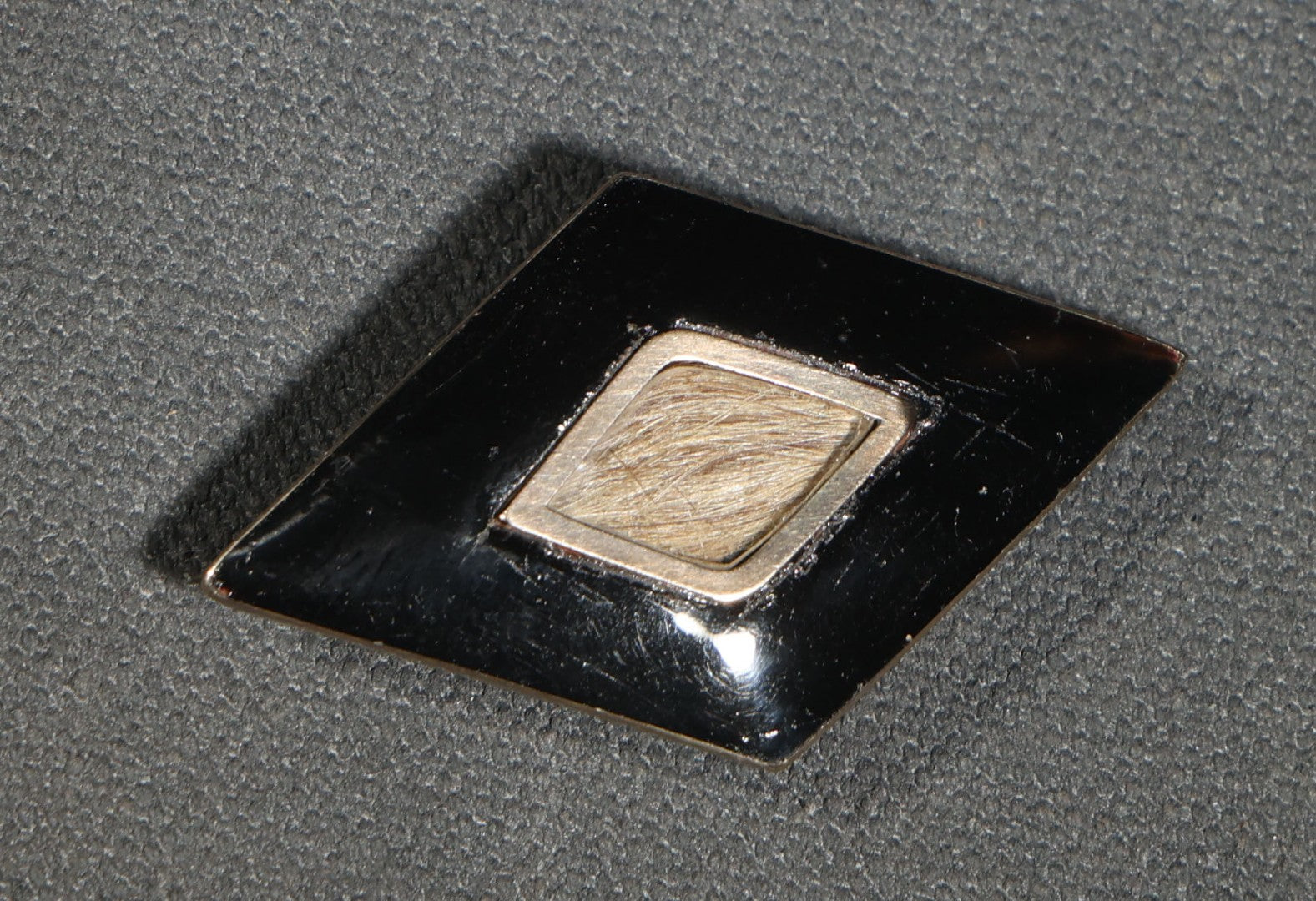 Antique Victorian Hair Work Mourning Brooch, Diamond-Shaped Black Enamel with Hair Under Glass, Engraved "in Memory of My Beloved Father 26th Septr 1888"